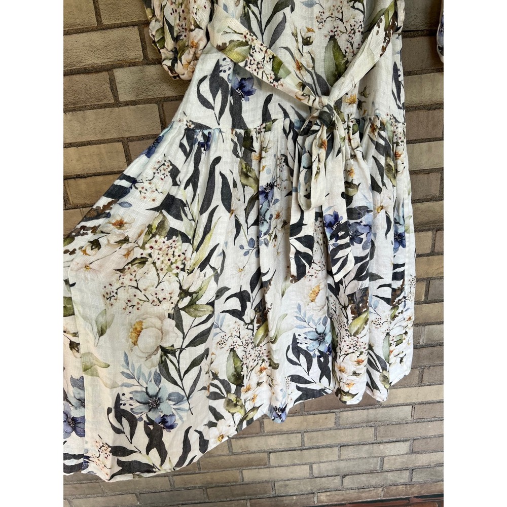 Bambah Floral Linen Balloon Sleeve Tiered Midi Dress Medium Ivory Blue Green - Picture 5 of 7
